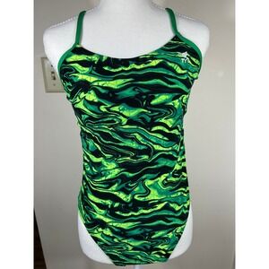 TYR Miramar Swimsuit Womens L Green Black Swirl One Piece Competitive Athletic